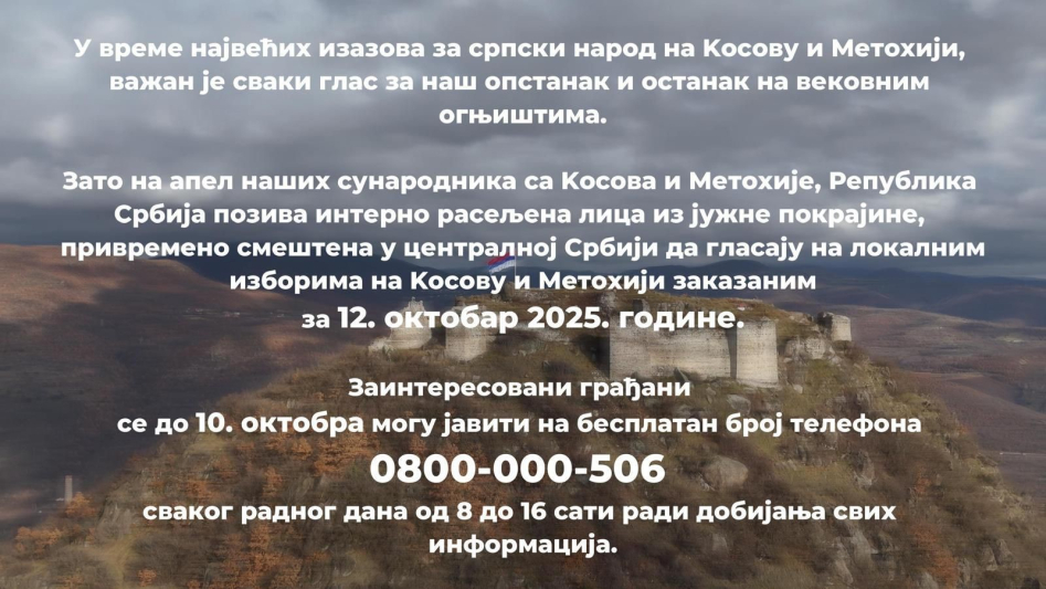 Poziv interno raseljenim licima da glasaju na izborima na Kosovu i Metohiji